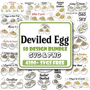 Può includere: Immagine di un pacchetto di design di uova alla diavola in formati SVG e PNG. L'immagine presenta varie illustrazioni di uova alla diavola con diversi condimenti e stili, insieme al testo "Deviled Egg 50 Design Bundle".