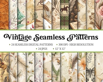 May include: A collection of vintage seamless patterns in a variety of designs. The patterns include images of horses, flowers, compasses, and other antique elements. The text on the image reads "Vintage Seamless Patterns" and includes details about the digital patterns.