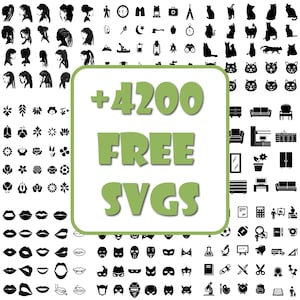 Peut inclure: Une collection de graphiques vectoriels noirs et blancs, comprenant des silhouettes de personnes, de chats, de fleurs, de l&egrave;vres et d'autres ic&ocirc;nes. Un grand carr&eacute; vert au centre affiche le texte "+4200 FREE SVGS".