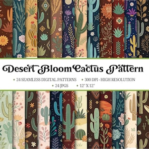 Puede incluir: Un conjunto de 24 patrones digitales sin costuras con diseños de cactus y flores del desierto. Los patrones están en una variedad de colores, incluyendo verde, azul, amarillo, rojo y marrón. Los patrones son de 30,5 cm por 30,5 cm y 300 DPI.