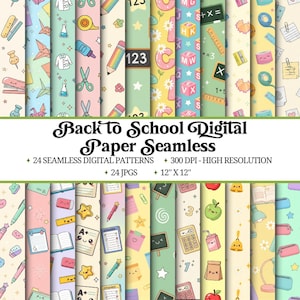 Può includere: Una collezione di modelli di carta digitale colorati con illustrazioni a tema scolastico. I modelli includono matite, quaderni, mele e altri materiali scolastici. L'immagine include anche il testo "Back to School Digital Paper Seamless" e le dimensioni della carta, 30.48 cm x 30.48 cm.