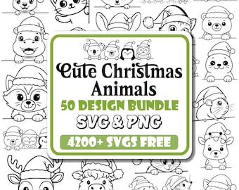 May include: Black and white illustration of various cute Christmas animals, including a bear, cat, fox, and deer, all wearing Santa hats. The image includes the text "Cute Christmas Animals 50 Design Bundle SVG & PNG 4200+ SVGS FREE".