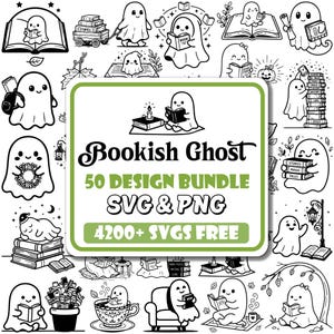 May include: A digital design collection featuring black and white line art illustrations of ghosts interacting with books. The central green-bordered label displays the text Bookish Ghost 50 DESIGN BUNDLE SVG & PNG 4200+ SVGS FREE.