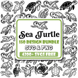 Könnte beinhalten: Ein digitales Design-Paket mit zahlreichen schwarz-weißen Cartoon-Meeresschildkröten-Illustrationen. Das zentrale weiße rechteckige Etikett mit grünem Rand zeigt den Text Sea Turtle 150 DESIGN BUNDLE SVG & PNG 4200+ SVGS FREE.