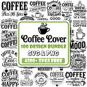 May include: A digital design bundle featuring a central white square with a green border containing the text Coffee Lover 100 DESIGN BUNDLE SVG & PNG 4200+ SVGS FREE, surrounded by numerous black and white coffee-themed graphic illustrations and quotes.