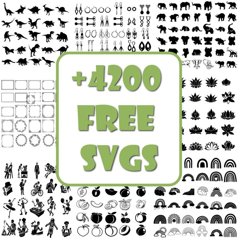 Puede incluir: Un collage de im&aacute;genes SVG en blanco y negro, que incluye dinosaurios, joyas, elefantes, lotos, arco&iacute;ris, melocotones y marcos. El texto '+4200 FREE SVGS' est&aacute; en el centro de la imagen.