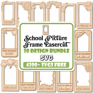 Puede incluir: Una colección de marcos de fotos rectangulares de madera con varios diseños cortados con láser, incluyendo girasoles, arcoíris, planetas y útiles escolares. El texto central dice School Picture Frame Lasercut 30 Design Bundle SVG 4200+ SVGS FREE.