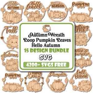 Può includere: Una collezione di design in legno a tema autunnale con zucche, foglie e le frasi "Hello Autumn" e "Pumpkin Season". I design sono disposti in cornici circolari e includono il testo "15 DESIGN BUNDLE SVG".