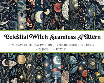 Papel digital de bruja celestial / Paquete de patrones místicos sin costuras (descarga digital)