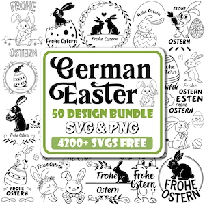 Könnte beinhalten: Ein digitales Design-Paket mit 50 Illustrationen zum Thema Ostern in Deutschland. Die Illustrationen beinhalten Hasen, Eier, Blumen und den Text "Frohe Ostern". Das Paket enthält SVG- und PNG-Dateien.