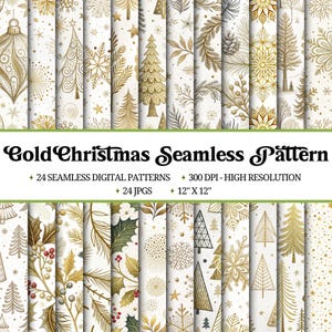 May include: A collection of 24 digital Christmas patterns in gold and white. The patterns feature festive designs like Christmas trees, ornaments, and snowflakes. The image includes the text "Gold Christmas Seamless Pattern" and details about the patterns.
