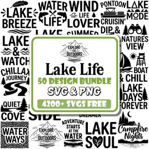 May include: A digital design bundle featuring black text and graphic icons related to lake activities, including phrases like Lake Life, Lake Breeze, and Campfire Nights, centered on a white rectangular label with green borders and text.
