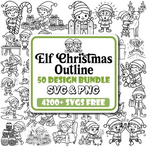 Puede incluir: Ilustraciones en blanco y negro de elfos navideños en varias poses. La imagen central presenta el texto "Elf Christmas Outline 50 Design Bundle SVG & PNG 4200+ SVGs FREE" en un marco verde y blanco.