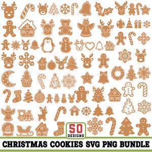 May include: A collection of 50 Christmas cookie designs in brown and white, including gingerbread men, reindeer, snowflakes, and candy canes. The image includes the text "CHRISTMAS COOKIES SVG PNG BUNDLE".