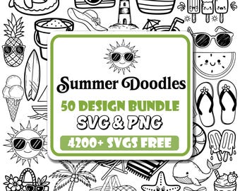 May include: A digital design bundle featuring black and white summer-themed line art doodles including a pineapple, ice cream, sun, palm tree, lighthouse, and beach gear. The central green-bordered label displays the text Summer Doodles 50 DESIGN BUNDLE SVG & PNG 4200+ SVGS FREE.