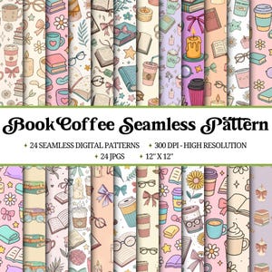 Könnte beinhalten: Eine Sammlung von 24 nahtlosen digitalen Mustern mit Büchern, Kaffeetassen, Brillen, Schleifen und Kerzen. Die Muster sind 30.48 cm x 30.48 cm groß und haben eine hohe Auflösung von 300 DPI. Der Text auf dem Bild lautet "Book Coffee Seamless Pattern".