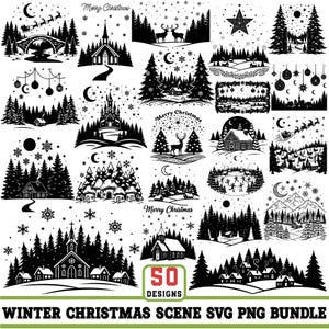 May include: A collection of 50 winter Christmas scene designs in black and white. The designs include images of churches, houses, forests, reindeer, and Santa Claus in a sleigh. The text "Merry Christmas" is included in some designs.