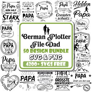 Könnte beinhalten: Eine Sammlung von schwarz-weißen Grafikdesigns mit dem Wort "Papa" in verschiedenen Schriftarten und Stilen. Die Designs beinhalten Illustrationen eines Vaters und Kindes, Herzen, Sterne und andere dekorative Elemente. Der Text "German Plotter File Dad" ist ebenfalls vorhanden.