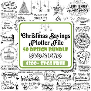 Op de afbeelding: Een verzameling zwart-witte kerstontwerpen. De centrale afbeelding bevat de tekst "Christmas Sayings Plotter File 50 Design Bundle SVG & PNG 4200+ SVGs FREE". Verschillende kerstgerelateerde afbeeldingen en zinnen omringen de centrale afbeelding.