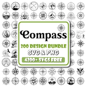 May include: A collection of black and white compass designs, featuring various illustrations within the compass rose. The image includes a green-bordered sign with the word "Compass" and the text "200 DESIGN BUNDLE SVG & PNG 4200+ SVGS FREE".