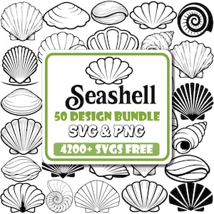 Może przedstawiać: Czarno-białe grafiki różnych muszli. Centralny zielono-biały znak głosi "Seashell 50 Design Bundle SVG & PNG 4200+ SVGS FREE". Muszle mają różne kształty i rozmiary.