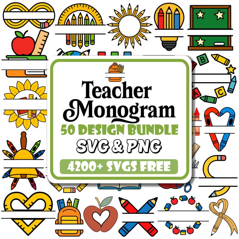 Teacher Monogram SVG Bundle: Apple & School Designs (digital Download ...