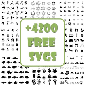 Peut inclure: Une collection d'ic&ocirc;nes SVG en noir et blanc, comprenant des figures sportives, des soleils, des v&eacute;hicules, des articles pour b&eacute;b&eacute;s, des poissons, des plantes et des accessoires. L'image contient le texte "+4200 FREE SVGS" en vert.