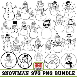 May include: A collection of black and white line art illustrations featuring various snowmen in different poses, wearing hats, scarves, and accessories, with the text 250 DESIGNS SNOWMAN SVG PNG BUNDLE displayed at the bottom of the image.
