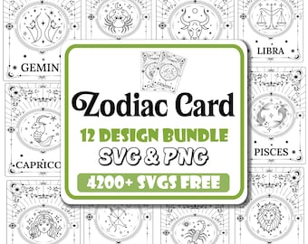May include: A collection of twelve black and white zodiac card designs, each featuring a unique astrological symbol. The cards are arranged around a central graphic that reads "Zodiac Card 12 Design Bundle SVG & PNG".