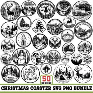Può includere: Una collezione di 50 design di sottobicchieri natalizi in bianco e nero. I design circolari presentano illustrazioni festive di renne, pupazzi di neve, alberi di Natale e scene invernali. Il testo include "Merry Christmas" e "50 Designs".