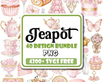Teapot PNG Bundle |Pink Teapot Png |Teacups Png |Pink Sweets Png |Afternoon Treats Png |Tea Party Png |Floral Coquette Png |Pink Cake Png