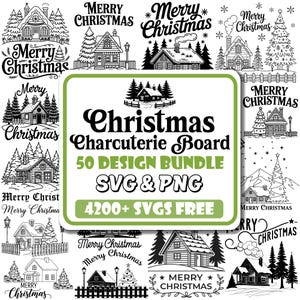 Könnte beinhalten: Eine Sammlung von schwarz-weißen Designs zum Thema Weihnachten, darunter Häuser, Bäume und der Text "Merry Christmas". Ein zentrales, grün umrandetes Grafikdesign lautet "Christmas Charcuterie Board 50 Design Bundle SVG & PNG" mit "4200+ SVGS FREE."