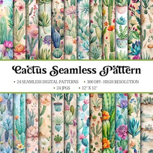 May include: A set of 24 digital seamless patterns featuring watercolor illustrations of cacti and succulents in various shades of green, pink, and blue. The patterns are perfect for crafting, scrapbooking, and digital design projects.