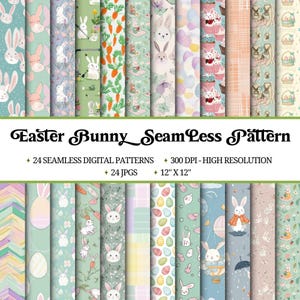 May include: A set of 24 digital seamless patterns featuring Easter bunnies, eggs, carrots, and other spring-themed elements. The patterns are in a variety of colors, including pink, blue, green, and yellow. The patterns are 12 inches by 12 inches and 300 DPI.