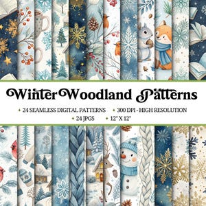Puede incluir: Una colección de 24 patrones digitales sin costuras con temática de bosque invernal. Los patrones presentan ilustraciones de copos de nieve, animales del bosque y escenas invernales. Cada patrón mide 30,48 cm x 30,48 cm y tiene una alta resolución de 300 DPI. El texto "Winter Woodland Patterns" también está incluido.