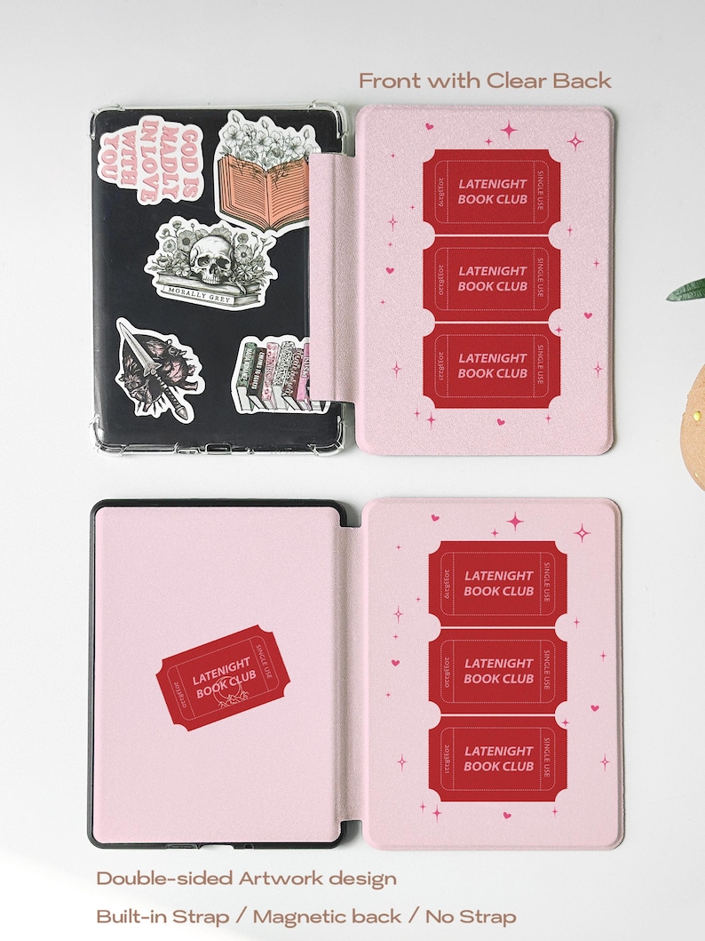vintage and vibrant Kindle case featuring a soft pink background with three bold red ticket-style designs labeled “LATENIGHT BOOK CLUB” and marked “SINGLE USE.” Decorative pink hearts and sparkles add a whimsical, cozy vibe—perfect for book lovers who enjoy getting lost in stories after dark.
