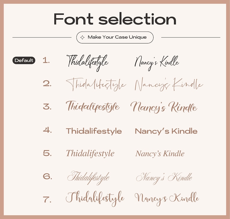 May include: A graphic showcasing font options for customization. The text "Font selection" is at the top, with the phrase "Make Your Case Unique" below. Seven font pairings are displayed, each with "Thidalifestyle" and "Nancy's Kindle" in various styles.