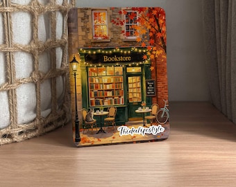 Capa para Kindle Paperwhite com tema de Livraria Retrô – Capa personalizada para e-reader com ativação/desativação automática, design inspirado em bibliotecas de outono.