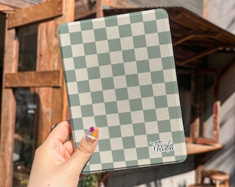 Sage Green Checkerboard Kindle Case,Personalized Kindle Cover, Paperwhite 12th 7" / Kindle Colorsoft, Clear Back, Book Lover Reader Gift