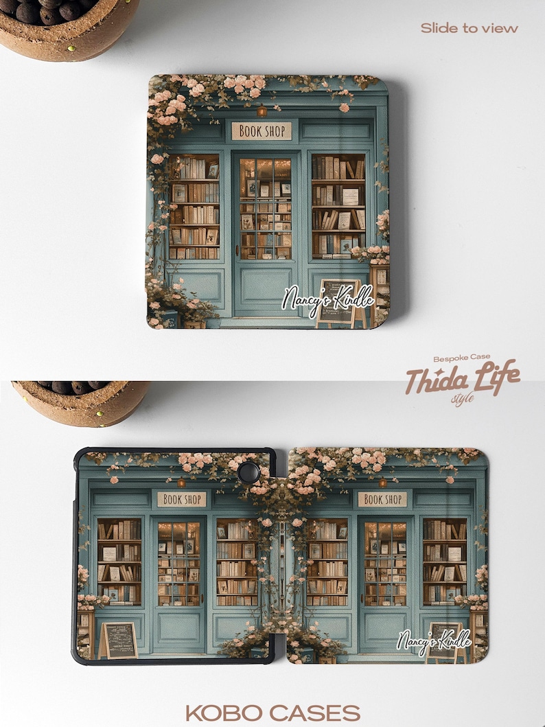 retro green Kindle case with a vintage bookstore theme, compatible with Paperwhite 11th 6.8, Kindle Oasis, Kindle Colorsoft, and Kobo Clara. Features custom name option, hand strap, and auto wake/sleep function for convenience and style.