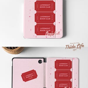 vintage and vibrant Kindle case featuring a soft pink background with three bold red ticket-style designs labeled “LATENIGHT BOOK CLUB” and marked “SINGLE USE.” Decorative pink hearts and sparkles add a whimsical, cozy vibe—perfect for book lovers who enjoy getting lost in stories after dark.