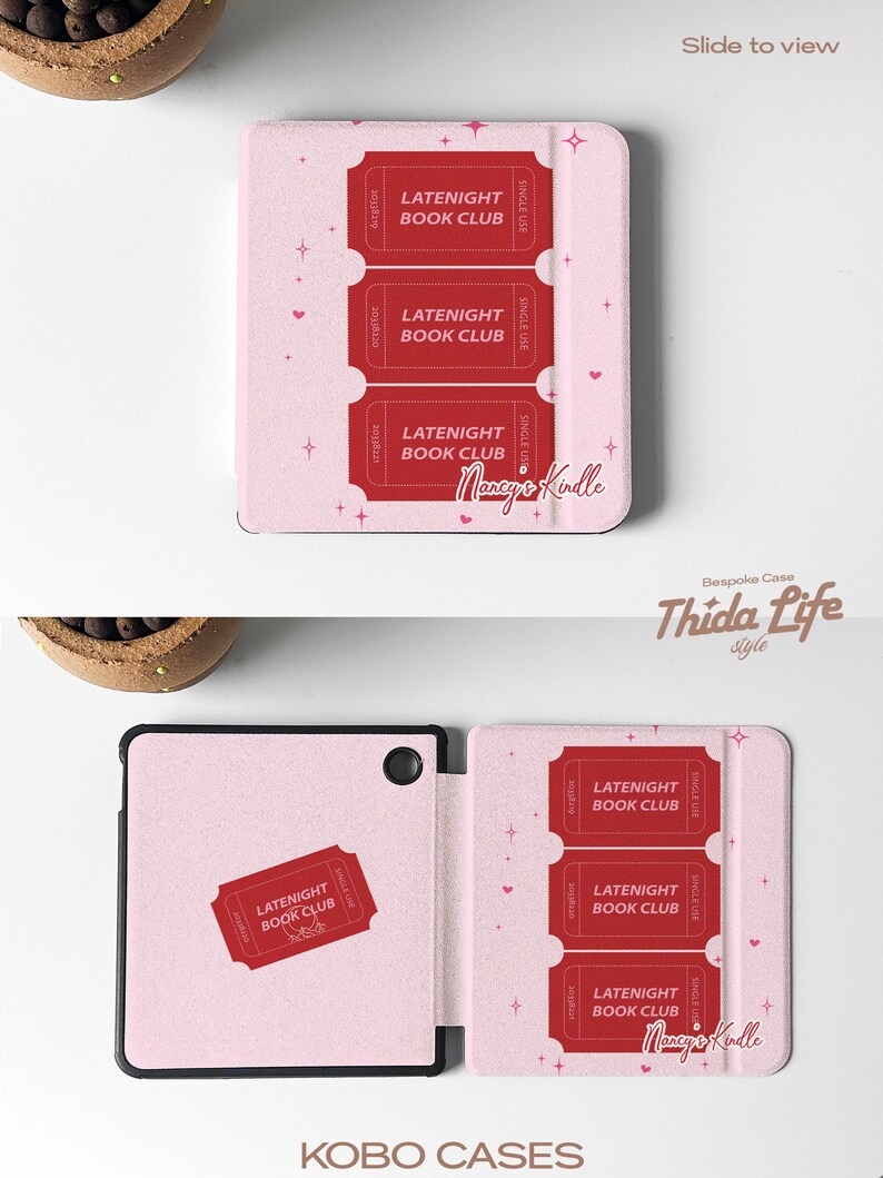 vintage and vibrant Kindle case featuring a soft pink background with three bold red ticket-style designs labeled “LATENIGHT BOOK CLUB” and marked “SINGLE USE.” Decorative pink hearts and sparkles add a whimsical, cozy vibe—perfect for book lovers who enjoy getting lost in stories after dark.