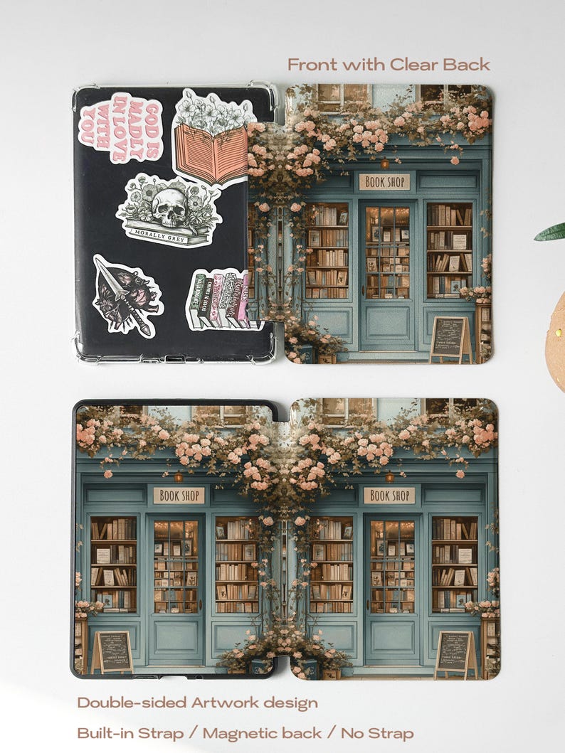 retro green Kindle case with a vintage bookstore theme, compatible with Paperwhite 11th 6.8, Kindle Oasis, Kindle Colorsoft, and Kobo Clara. Features custom name option, hand strap, and auto wake/sleep function for convenience and style.