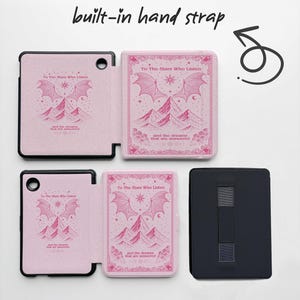 May include: Pink Kobo case with a built-in hand strap. The case features a mountain and bat wing design with the text "To The Stars Who Listen" and "and the dreams that are answered". The case is shown open and closed.