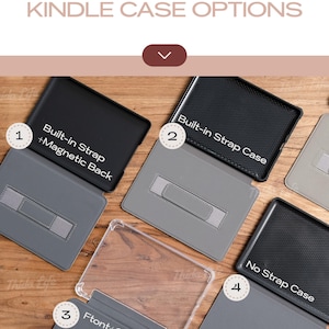 Puede incluir: Se muestran cuatro opciones diferentes de fundas para Kindle. La primera funda es negra con una correa incorporada y una parte posterior magn&eacute;tica. La segunda funda es gris con una correa incorporada. La tercera funda es transparente con un frente gris y una parte posterior gris. La cuarta funda es gris sin correa.