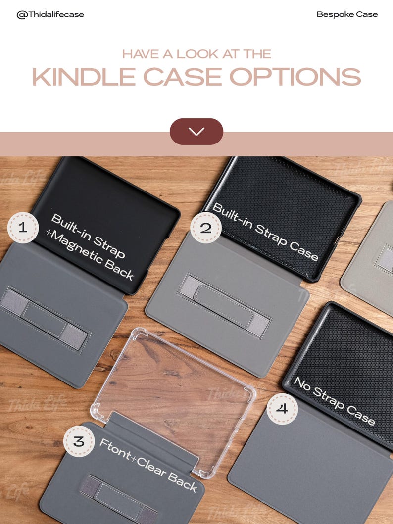 Puede incluir: Se muestran cuatro opciones diferentes de fundas para Kindle. La primera funda es negra con una correa incorporada y una parte posterior magn&eacute;tica. La segunda funda es gris con una correa incorporada. La tercera funda es transparente con un frente gris y una parte posterior gris. La cuarta funda es gris sin correa.