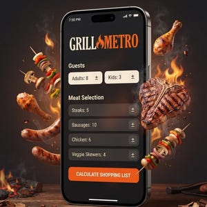 May include: A smartphone displaying the GrillMetro app interface with text fields for guests and meat selection, including steaks, sausages, chicken, and veggie skewers. The screen shows 8 adults, 3 kids, and a button labelled CALCULATE SHOPPING LIST.