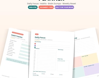 ADHD Planner Printable | Daily Focus & Habit Tracker | Undated Digital Planner | Editable PDF + Excel | Instant Download