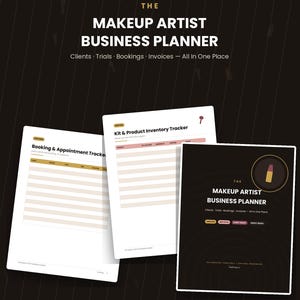 Peut inclure: Le Makeup Artist Business Planner avec un fond sombre et du texte blanc. Il comprend des pages pour le suivi des réservations et des rendez-vous ainsi que l'inventaire des produits. La couverture présente une icône de rouge à lèvres.