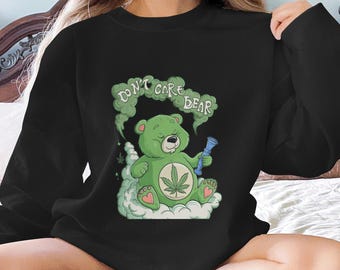 Funny Do Not Care Bear Digital Download, Weed Bear Wall Art Printable, Cute Green Bear with Bong Illustration, Instant Download